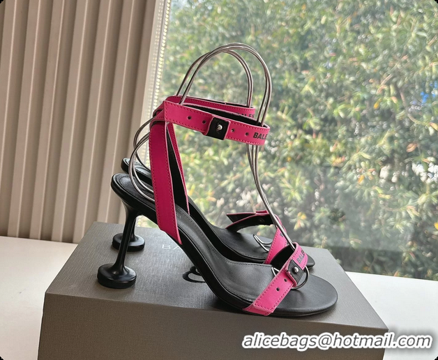 Good Looking BALENCIAGA Afterhour Calfskin Allover Logo Ankle Strap Round Heel Sandals Fuchsia 90MM 6061023