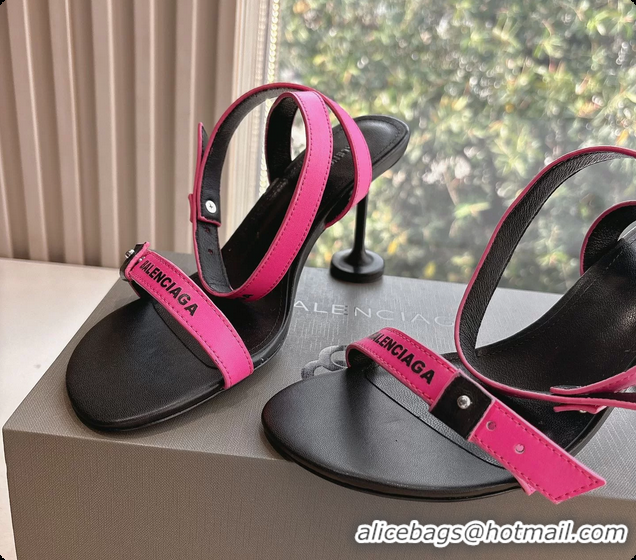 Good Looking BALENCIAGA Afterhour Calfskin Allover Logo Ankle Strap Round Heel Sandals Fuchsia 90MM 6061023