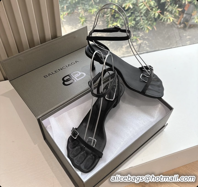 Good Quality BALENCIAGA Black Calfskin Ankle Strap Heel Sandals 70MM 6061101