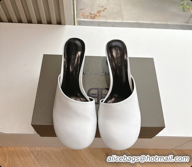 Luxurious BALENCIAGA Block Heel White Calf Leather Mules Pumps 50MM 6061102