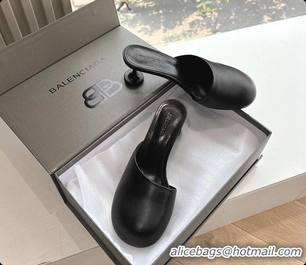 Pretty Style BALENCIAGA Block Heel Black Calf Leather Mules Pumps 50MM 6061102