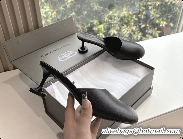 Pretty Style BALENCIAGA Block Heel Black Calf Leather Mules Pumps 50MM 6061102