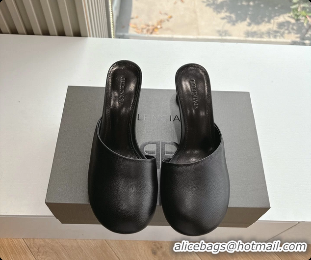 Pretty Style BALENCIAGA Block Heel Black Calf Leather Mules Pumps 50MM 6061102
