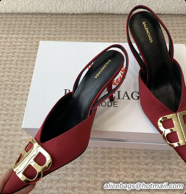 Good Looking Balenciaga Red Satin BB Knife High Heeled Slingback Pumps 6061103