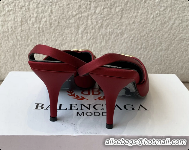 Good Looking Balenciaga Red Satin BB Knife High Heeled Slingback Pumps 6061103