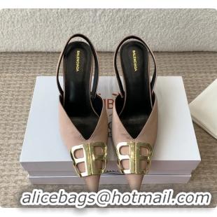 Shop Duplicate Balenciaga Brown Satin BB Knife High Heeled Slingback Pumps 6061103