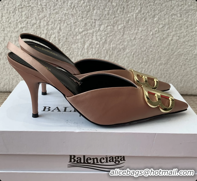 Shop Duplicate Balenciaga Brown Satin BB Knife High Heeled Slingback Pumps 6061103