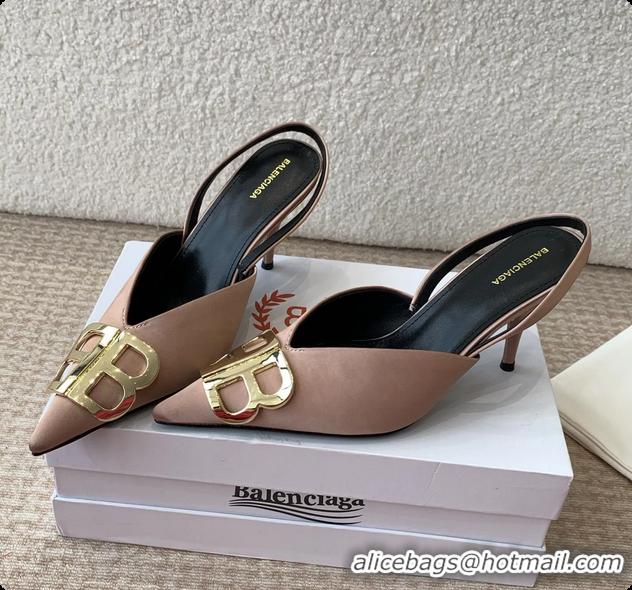 Shop Duplicate Balenciaga Brown Satin BB Knife High Heeled Slingback Pumps 6061103