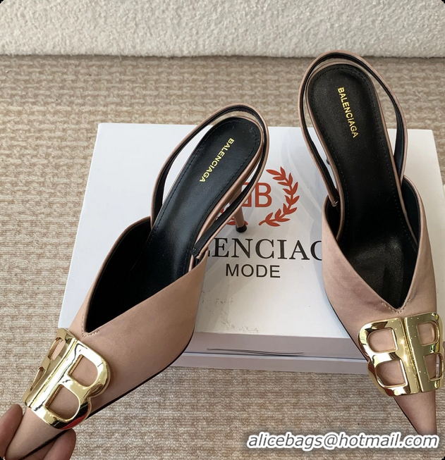 Shop Duplicate Balenciaga Brown Satin BB Knife High Heeled Slingback Pumps 6061103