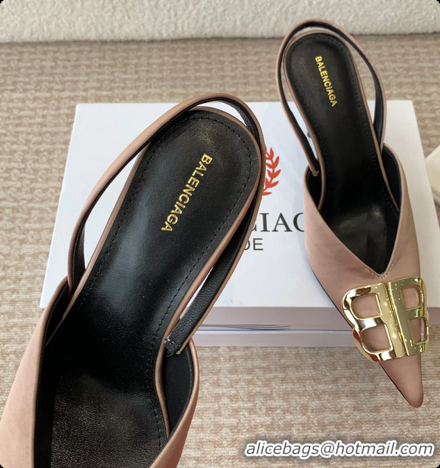 Shop Duplicate Balenciaga Brown Satin BB Knife High Heeled Slingback Pumps 6061103