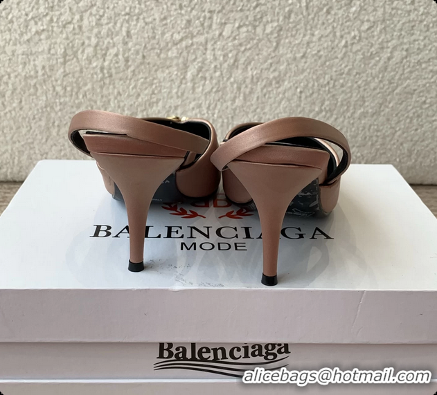 Shop Duplicate Balenciaga Brown Satin BB Knife High Heeled Slingback Pumps 6061103
