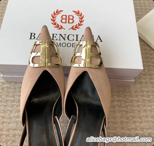Shop Duplicate Balenciaga Brown Satin BB Knife High Heeled Slingback Pumps 6061103
