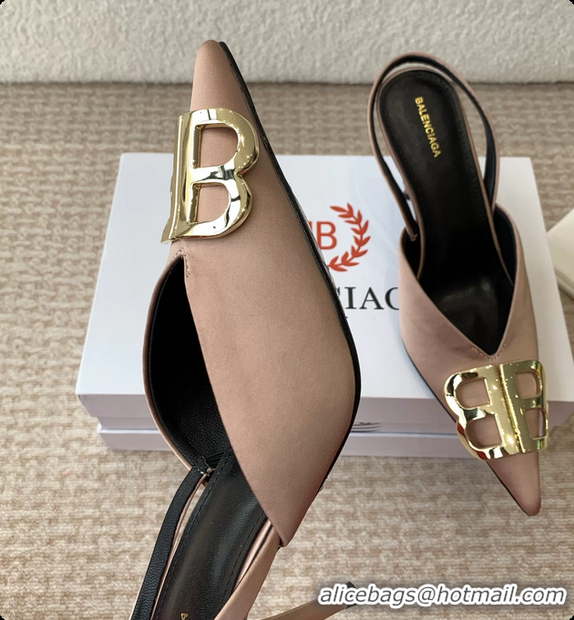 Shop Duplicate Balenciaga Brown Satin BB Knife High Heeled Slingback Pumps 6061103