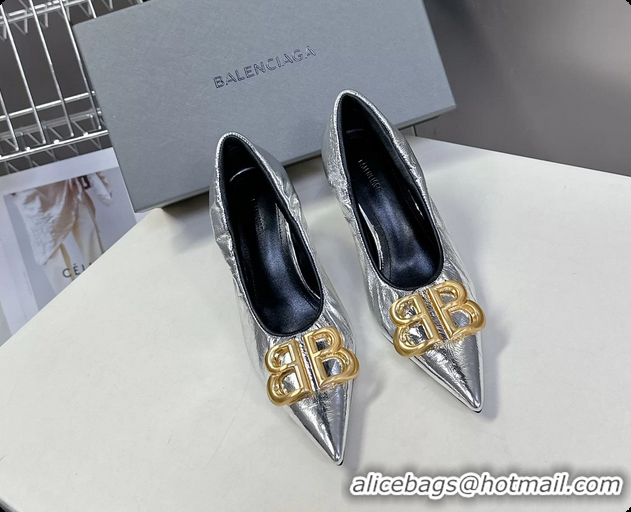 Cheap Price Balenciaga Knife BB Logo Appliqued Leather Pumps Silver 85MM 6061104