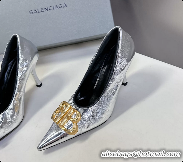 Cheap Price Balenciaga Knife BB Logo Appliqued Leather Pumps Silver 85MM 6061104