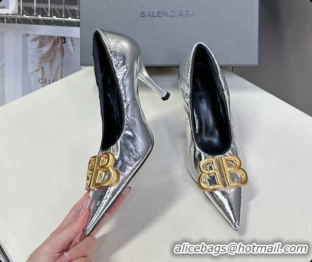 Cheap Price Balenciaga Knife BB Logo Appliqued Leather Pumps Silver 85MM 6061104
