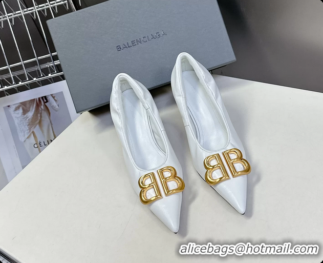 Classic Hot Balenciaga Knife BB Logo Appliqued Leather Pumps White 85MM 6061104