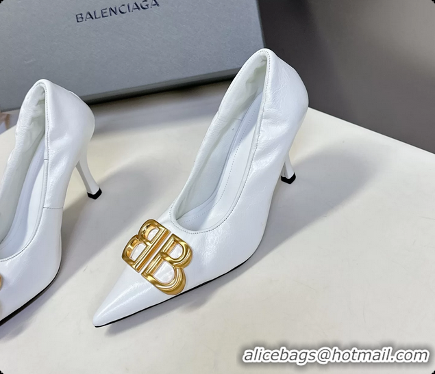 Classic Hot Balenciaga Knife BB Logo Appliqued Leather Pumps White 85MM 6061104
