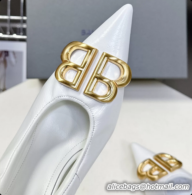 Classic Hot Balenciaga Knife BB Logo Appliqued Leather Pumps White 85MM 6061104