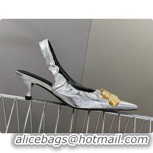 Discount Balenciaga Knife BB Logo Appliqued Leather Slingback Pumps Silver 55MM 6061105