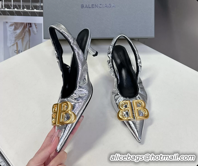 Discount Balenciaga Knife BB Logo Appliqued Leather Slingback Pumps Silver 55MM 6061105