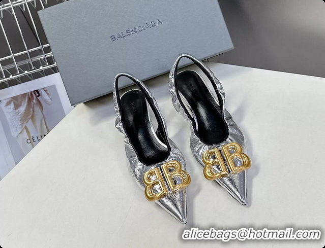 Discount Balenciaga Knife BB Logo Appliqued Leather Slingback Pumps Silver 55MM 6061105
