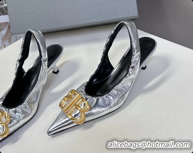 Discount Balenciaga Knife BB Logo Appliqued Leather Slingback Pumps Silver 55MM 6061105
