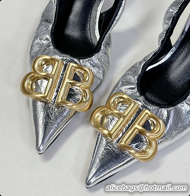 Discount Balenciaga Knife BB Logo Appliqued Leather Slingback Pumps Silver 55MM 6061105