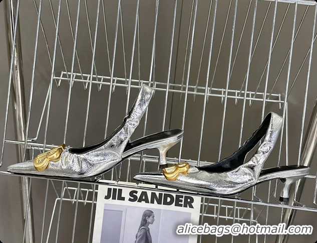 Discount Balenciaga Knife BB Logo Appliqued Leather Slingback Pumps Silver 55MM 6061105