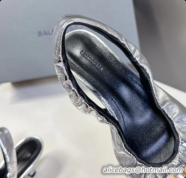 Discount Balenciaga Knife BB Logo Appliqued Leather Slingback Pumps Silver 55MM 6061105
