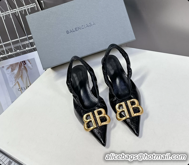 Duplicate Balenciaga Knife BB Logo Appliqued Leather Slingback Pumps Black 55MM 6061105