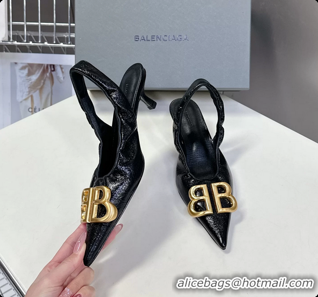 Duplicate Balenciaga Knife BB Logo Appliqued Leather Slingback Pumps Black 55MM 6061105