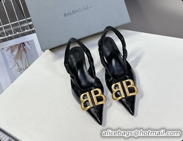 Duplicate Balenciaga Knife BB Logo Appliqued Leather Slingback Pumps Black 55MM 6061105