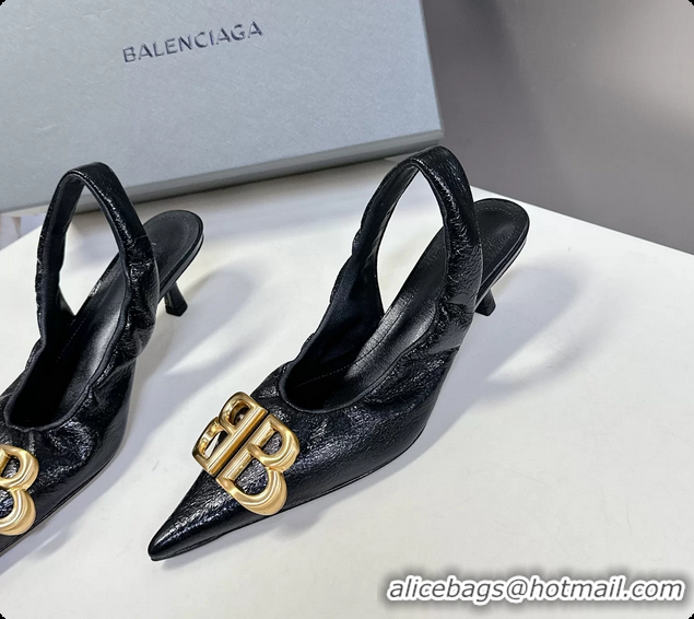 Duplicate Balenciaga Knife BB Logo Appliqued Leather Slingback Pumps Black 55MM 6061105