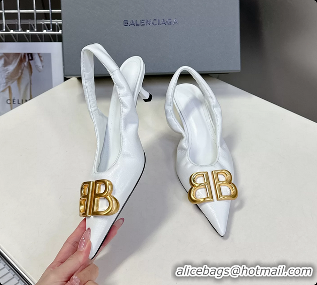 Hot Style Balenciaga Knife BB Logo Appliqued Leather Slingback Pumps White 55MM 6061105