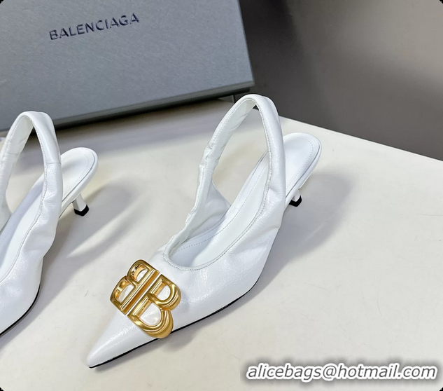 Hot Style Balenciaga Knife BB Logo Appliqued Leather Slingback Pumps White 55MM 6061105