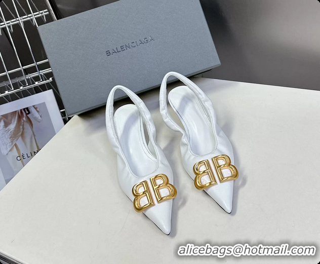 Hot Style Balenciaga Knife BB Logo Appliqued Leather Slingback Pumps White 55MM 6061105