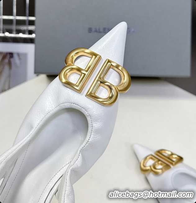 Hot Style Balenciaga Knife BB Logo Appliqued Leather Slingback Pumps White 55MM 6061105