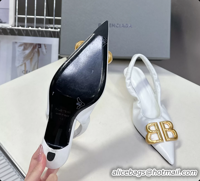 Hot Style Balenciaga Knife BB Logo Appliqued Leather Slingback Pumps White 55MM 6061105
