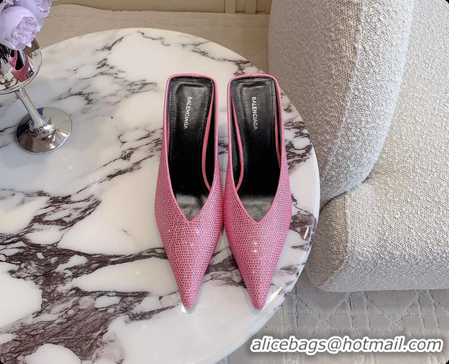 Big Discount Balenciaga Leather Crystals Embellished High Heeled Mules Pink 85MM 6061106