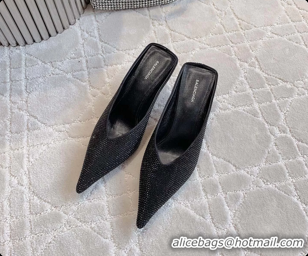 Good Product Balenciaga Leather Crystals Embellished High Heeled Mules Black 85MM 6061106