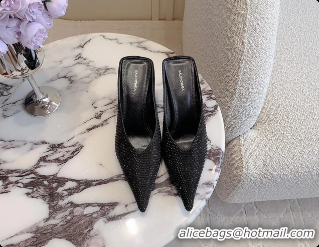 Good Product Balenciaga Leather Crystals Embellished High Heeled Mules Black 85MM 6061106