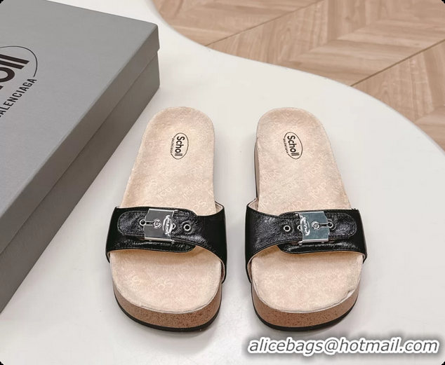 Discount Balenciaga Scholl Flat Sandal Black Glossy Arena Storico Lambskin 6061107