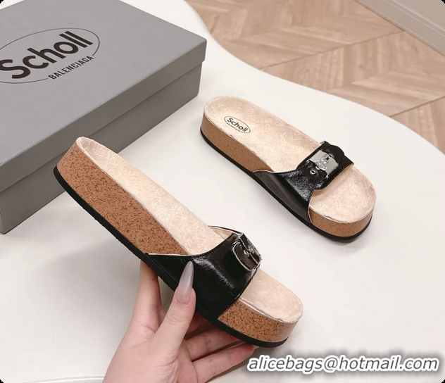 Discount Balenciaga Scholl Flat Sandal Black Glossy Arena Storico Lambskin 6061107