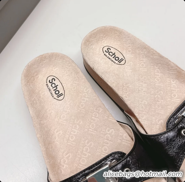 Discount Balenciaga Scholl Flat Sandal Black Glossy Arena Storico Lambskin 6061107