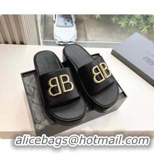 Sophisticated Balenciaga BB Rise Platform Slides Sandals Black Shiny Nappa Lambskin 6061108