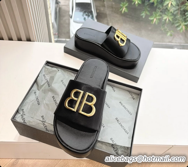 Sophisticated Balenciaga BB Rise Platform Slides Sandals Black Shiny Nappa Lambskin 6061108