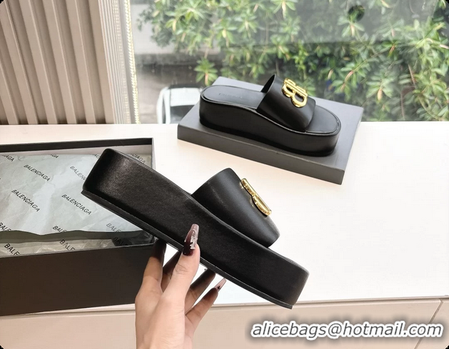 Sophisticated Balenciaga BB Rise Platform Slides Sandals Black Shiny Nappa Lambskin 6061108