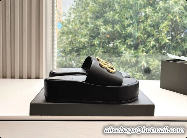 Sophisticated Balenciaga BB Rise Platform Slides Sandals Black Shiny Nappa Lambskin 6061108