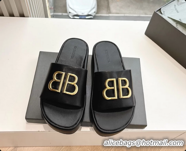 Sophisticated Balenciaga BB Rise Platform Slides Sandals Black Shiny Nappa Lambskin 6061108